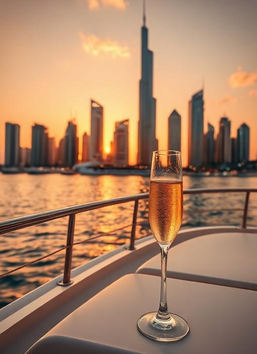 Glass of champagne on a yacht in Dubai